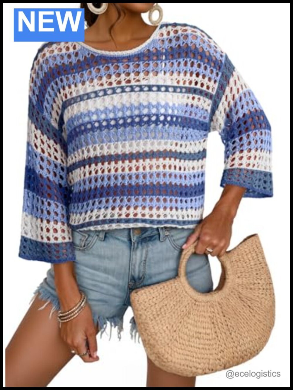 Women's Crochet Color Block 3/4 Sleeve Sweater Cover Up Oversized